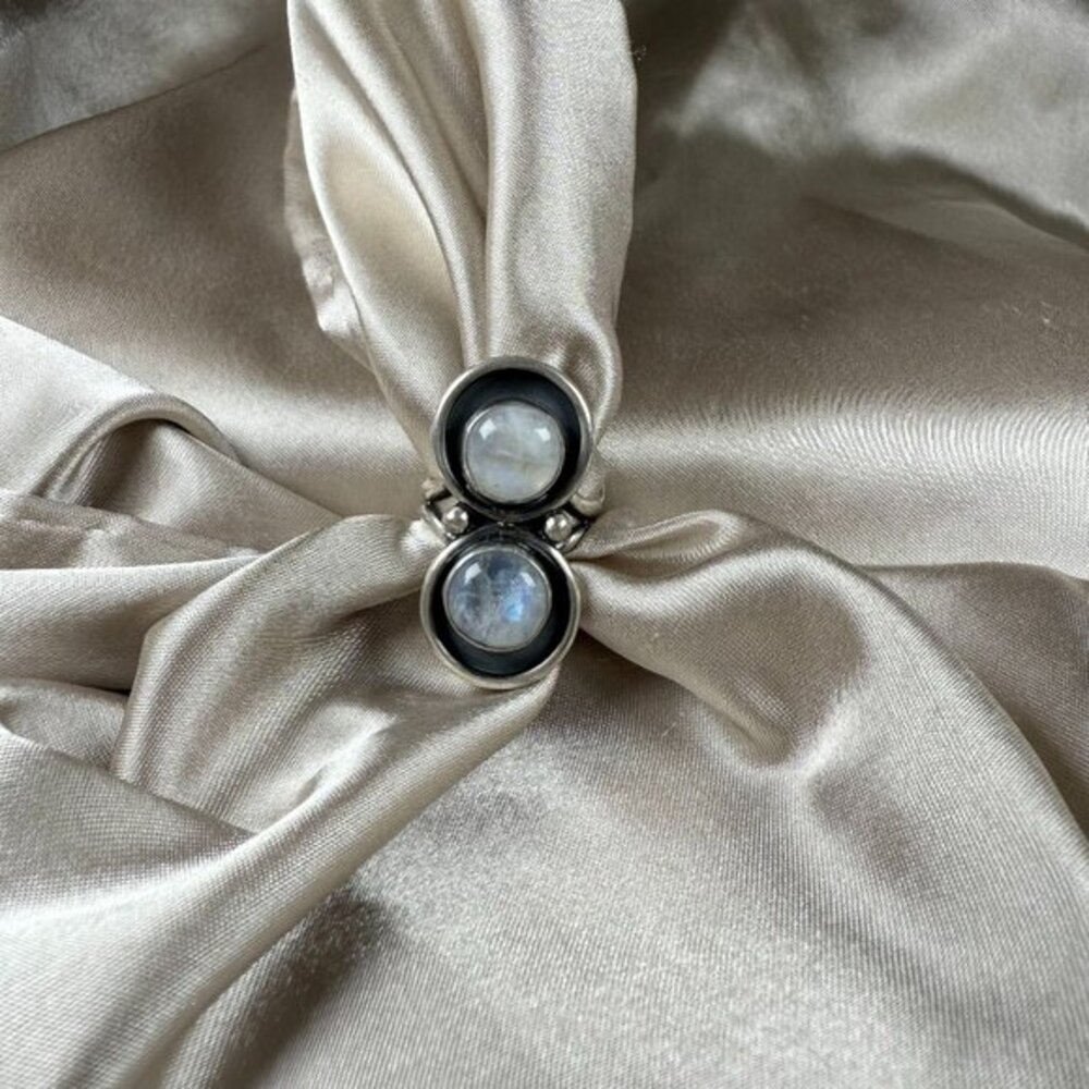 Silver Ring With Double Moonstone Natural Gemstone Statement Jewelry Size 7.5